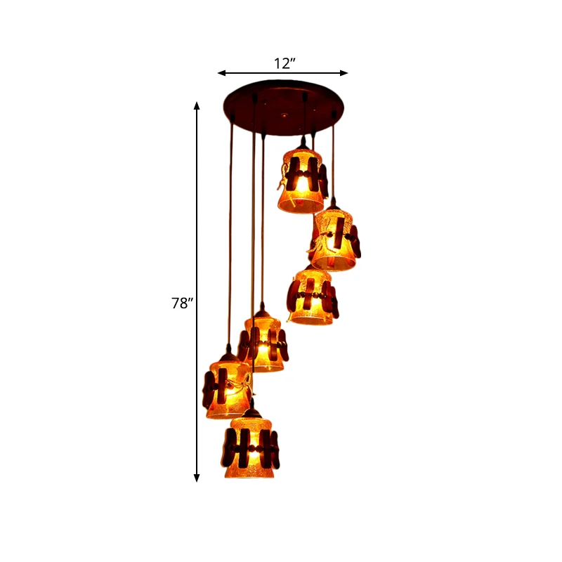 Bell Yellow Crackle Glass Cluster Pendant Classic 6 Lichter Restaurant Holz hängende Deckenleuchte Braun Clearhalo