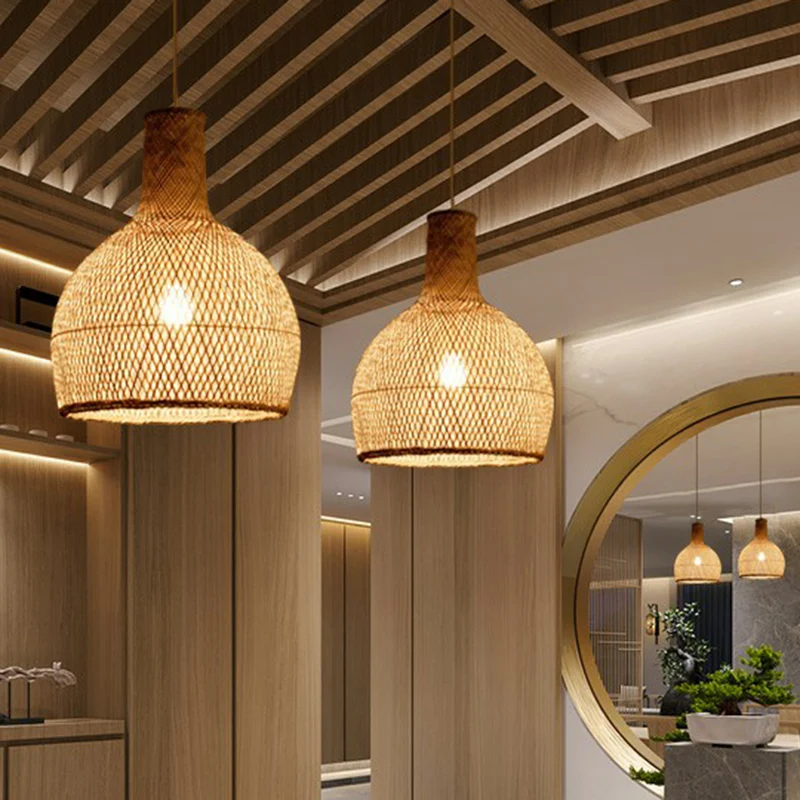 Überkreuzte Hängeleuchte aus gewebtem Bambus. Minimalistische 1-Licht-Restaurant-Hängeleuchte aus Holz Clearhalo