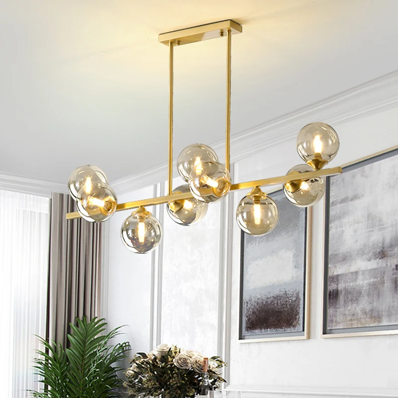 Bernsteinfarbene Glasblasen-Insellampe, postmoderner Stil, goldene Hängeleuchte für das Esszimmer Clearhalo