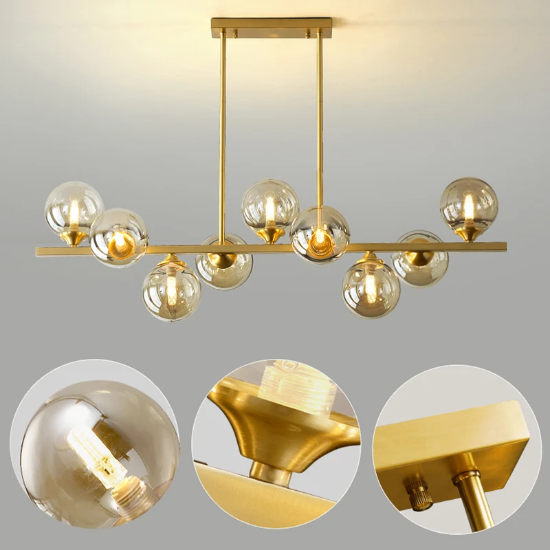 Bernsteinfarbene Glasblasen-Insellampe, postmoderner Stil, goldene Hängeleuchte für das Esszimmer Clearhalo