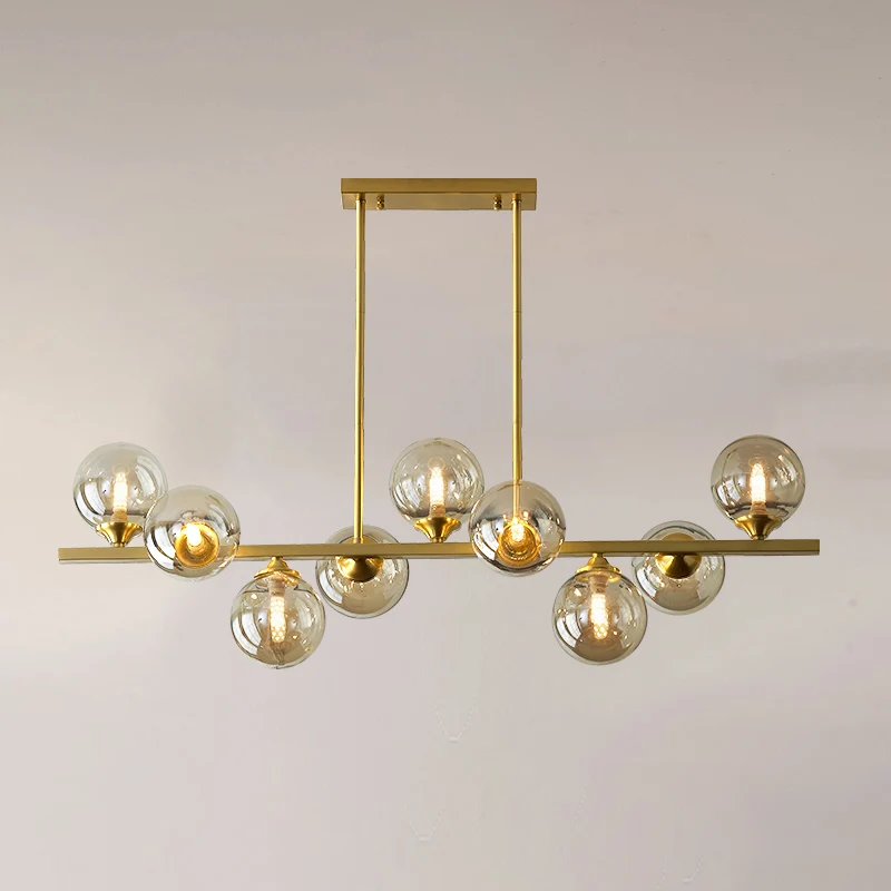 Bernsteinfarbene Glasblasen-Insellampe, postmoderner Stil, goldene Hängeleuchte für das Esszimmer Clearhalo
