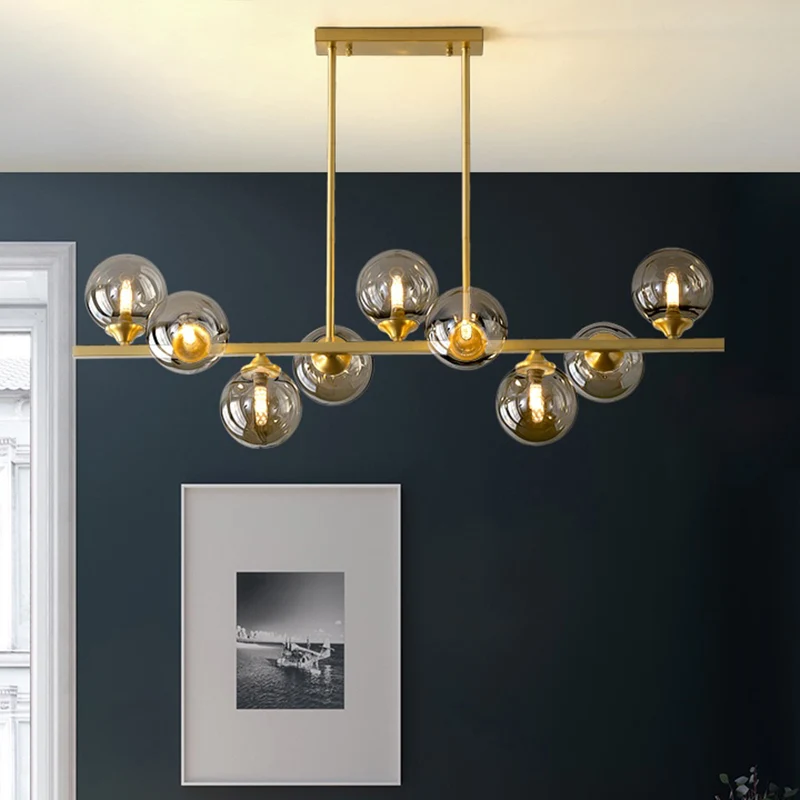 Bernsteinfarbene Glasblasen-Insellampe, postmoderner Stil, goldene Hängeleuchte für das Esszimmer Clearhalo