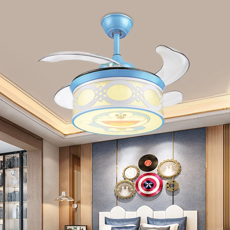 36" W Blue Drum Pendant Deckenventilatorleuchte für Kinder, metallische LED, halbbündige Montage für Schlafzimmer mit 4 tr...
