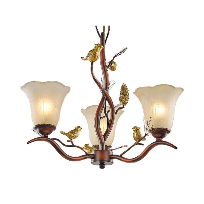 Blumenförmiger Wohnzimmer-Deckenleuchter, rustikales Milchglas, 3/6/8 Lichter, braune Hängeleuchte mit Vogel Clearhalo