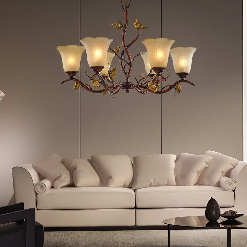 Blumenförmiger Wohnzimmer-Deckenleuchter, rustikales Milchglas, 3/6/8 Lichter, braune Hängeleuchte mit Vogel Clearhalo
