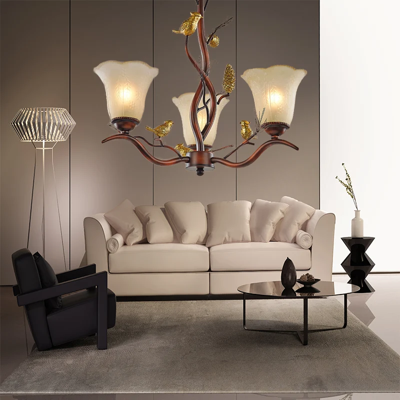 Blumenförmiger Wohnzimmer-Deckenleuchter, rustikales Milchglas, 3/6/8 Lichter, braune Hängeleuchte mit Vogel Clearhalo