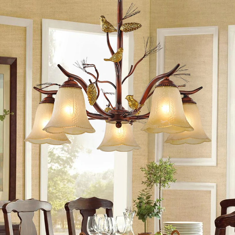 Blumenförmiger Wohnzimmer-Deckenleuchter, rustikales Milchglas, 3/6/8 Lichter, braune Hängeleuchte mit Vogel Clearhalo