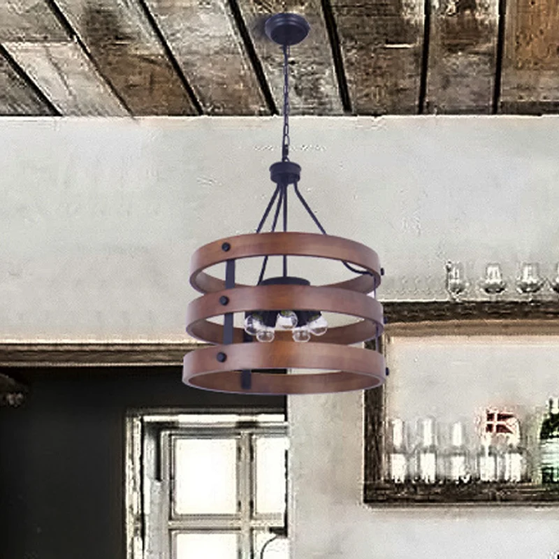 Brauner 5-flammiger Kronleuchter mit rustikaler runder Hängelampe aus Holz für das Esszimmer Clearhalo