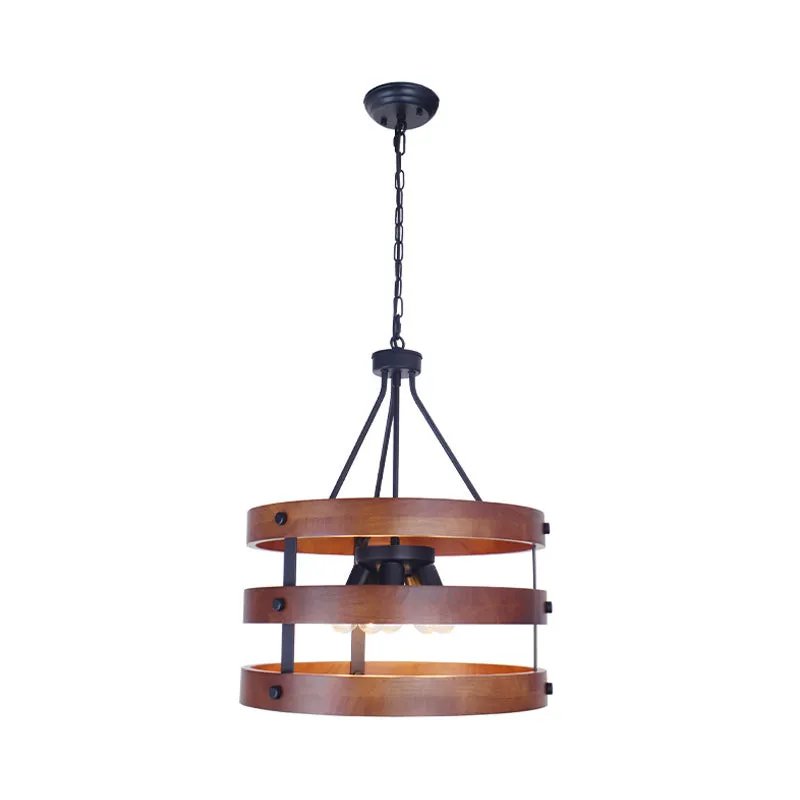 Brauner 5-flammiger Kronleuchter mit rustikaler runder Hängelampe aus Holz für das Esszimmer Clearhalo