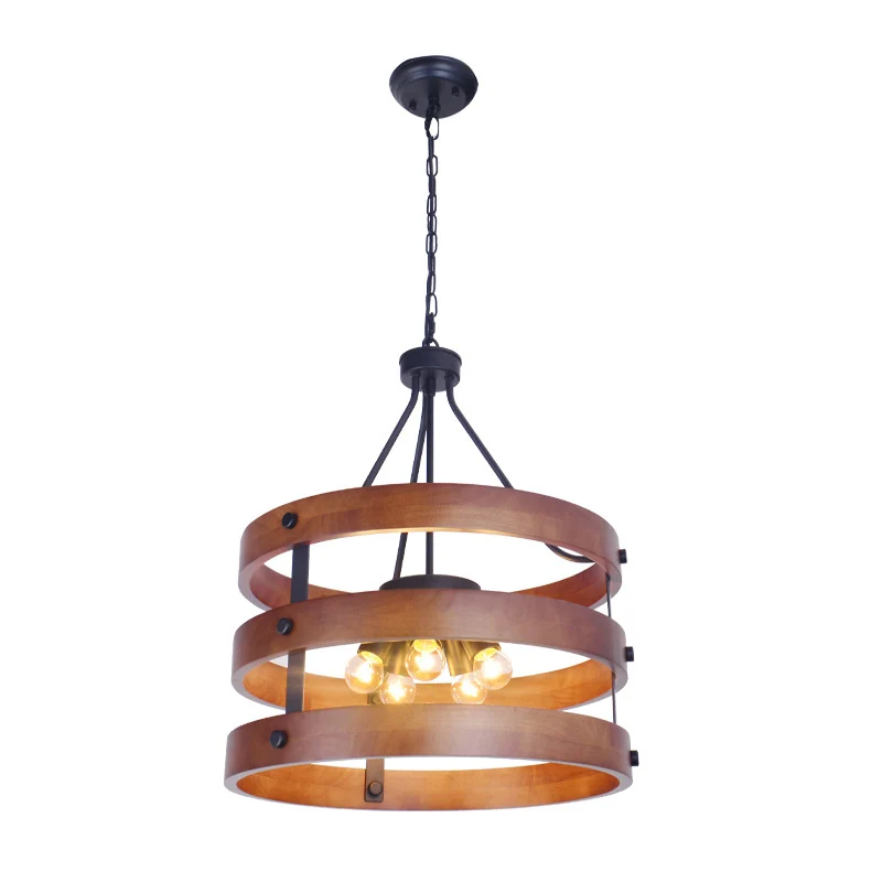 Brauner 5-flammiger Kronleuchter mit rustikaler runder Hängelampe aus Holz für das Esszimmer Clearhalo