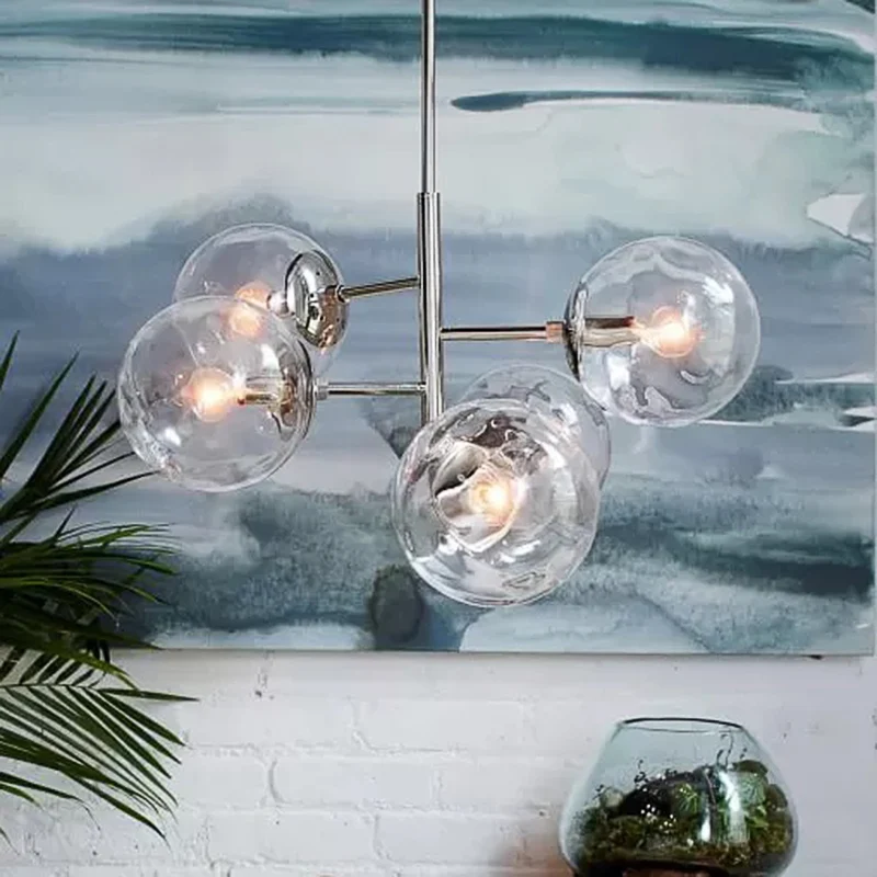 Chrom-Kugel-Kronleuchter im zeitgenössischen Stil, 5 Lichter, Klarglas-Pendelleuchte Clearhalo