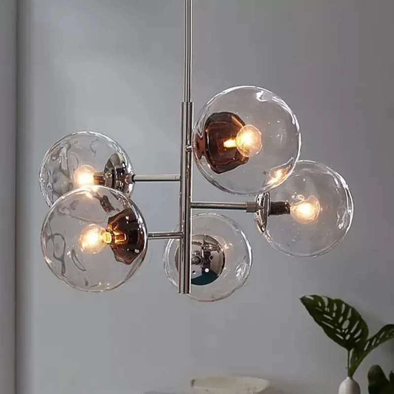 Chrom-Kugel-Kronleuchter im zeitgenössischen Stil, 5 Lichter, Klarglas-Pendelleuchte Clearhalo