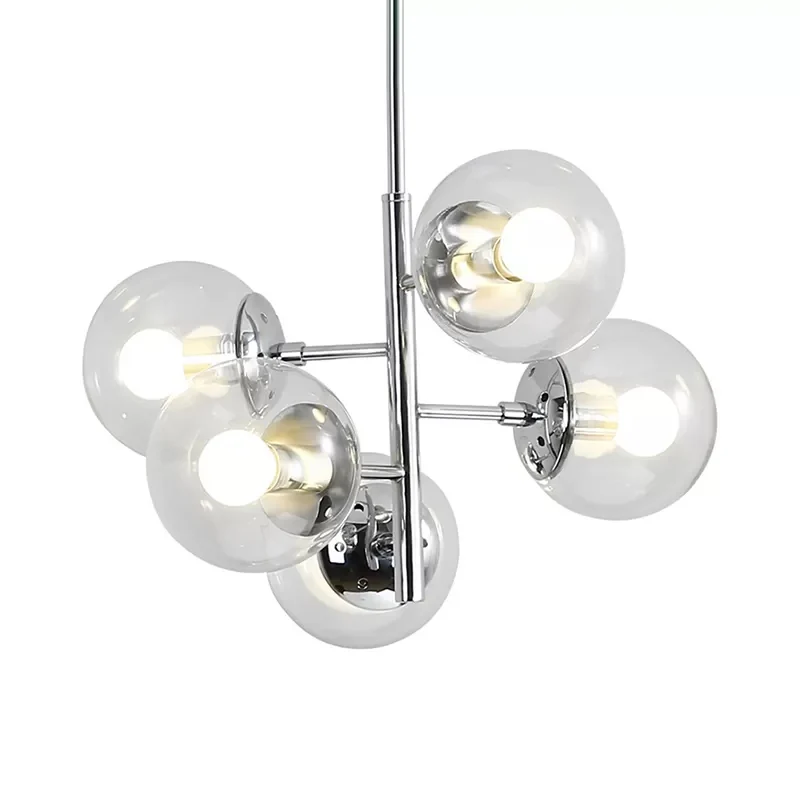 Chrom-Kugel-Kronleuchter im zeitgenössischen Stil, 5 Lichter, Klarglas-Pendelleuchte Clearhalo