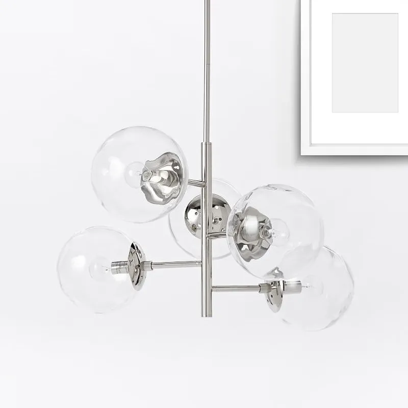 Chrom-Kugel-Kronleuchter im zeitgenössischen Stil, 5 Lichter, Klarglas-Pendelleuchte Clearhalo