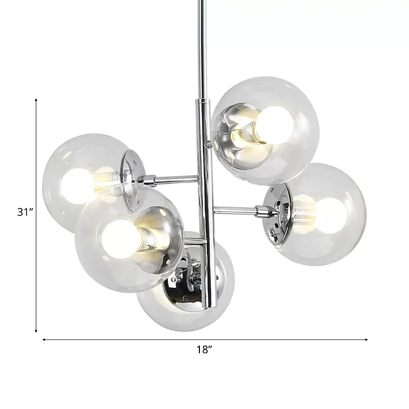 Chrom-Kugel-Kronleuchter im zeitgenössischen Stil, 5 Lichter, Klarglas-Pendelleuchte Clearhalo
