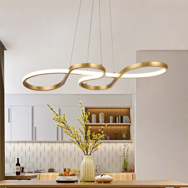 Closed Curve Küchen-Esstisch-Kronleuchter, modernistische LED-Deckenpendelleuchte aus Silikagel Gold Clearhalo