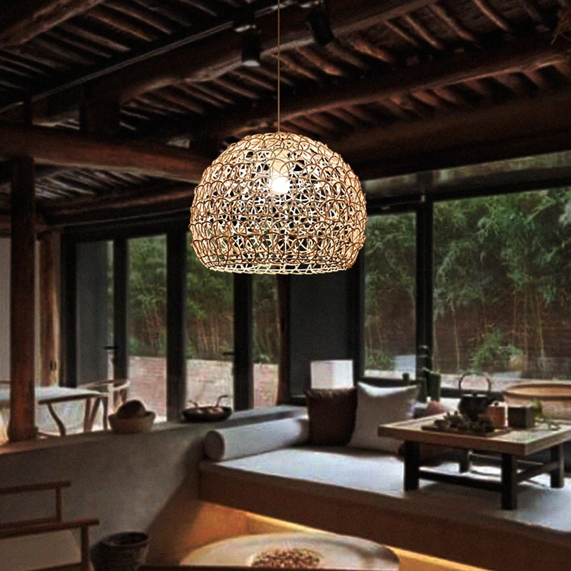 Dome Restaurant Pendelleuchte Rattan 1-Licht Einfachheit Pendelleuchte aus Holz Clearhalo