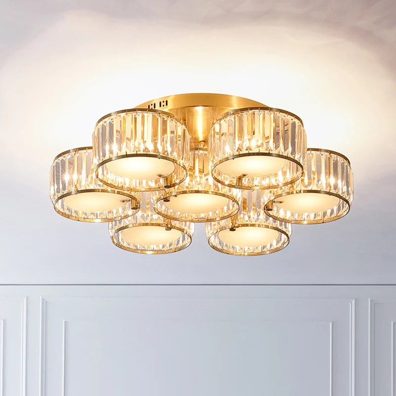 Dreiprisma-Kristall, runde, bündige Deckenleuchte, minimalistische, goldfarbene, halbbündige Deckenleuchte Clearhalo