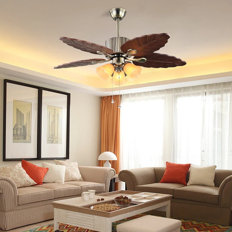 Dunkelbraune Glocken-Deckenventilatorlampe, klassisches beigefarbenes Glas, 3 Köpfe, halbbündige Wohnzimmerleuchte Clearhalo