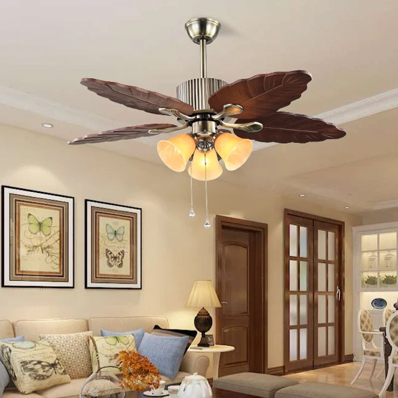 Dunkelbraune Glocken-Deckenventilatorlampe, klassisches beigefarbenes Glas, 3 Köpfe, halbbündige Wohnzimmerleuchte Clearhalo