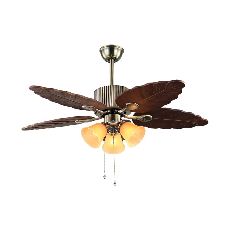 Dunkelbraune Glocken-Deckenventilatorlampe, klassisches beigefarbenes Glas, 3 Köpfe, halbbündige Wohnzimmerleuchte Clearhalo
