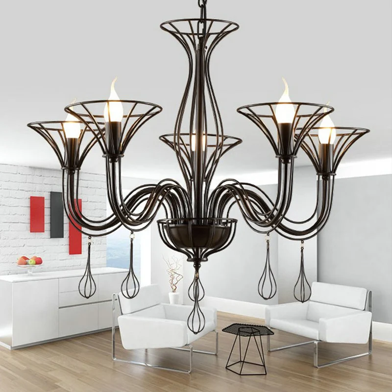 Dunkelbrauner, verschnörkelter Arm-Pendelleuchte, klassischer Wohnzimmer-Kronleuchter aus Metall mit 5/6 Lichtern Clearhalo