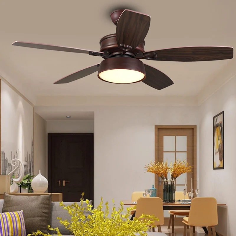 Dunkler Kaffee-LED-Deckenventilator, klassischer Stil, halbbündige Metall-Schalenform Clearhalo