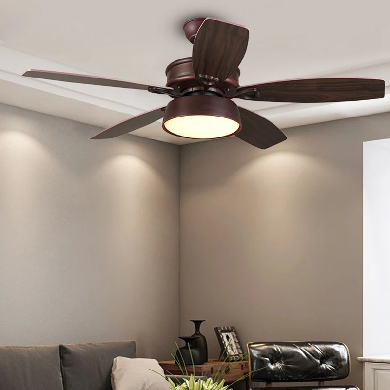 Dunkler Kaffee-LED-Deckenventilator, klassischer Stil, halbbündige Metall-Schalenform Clearhalo