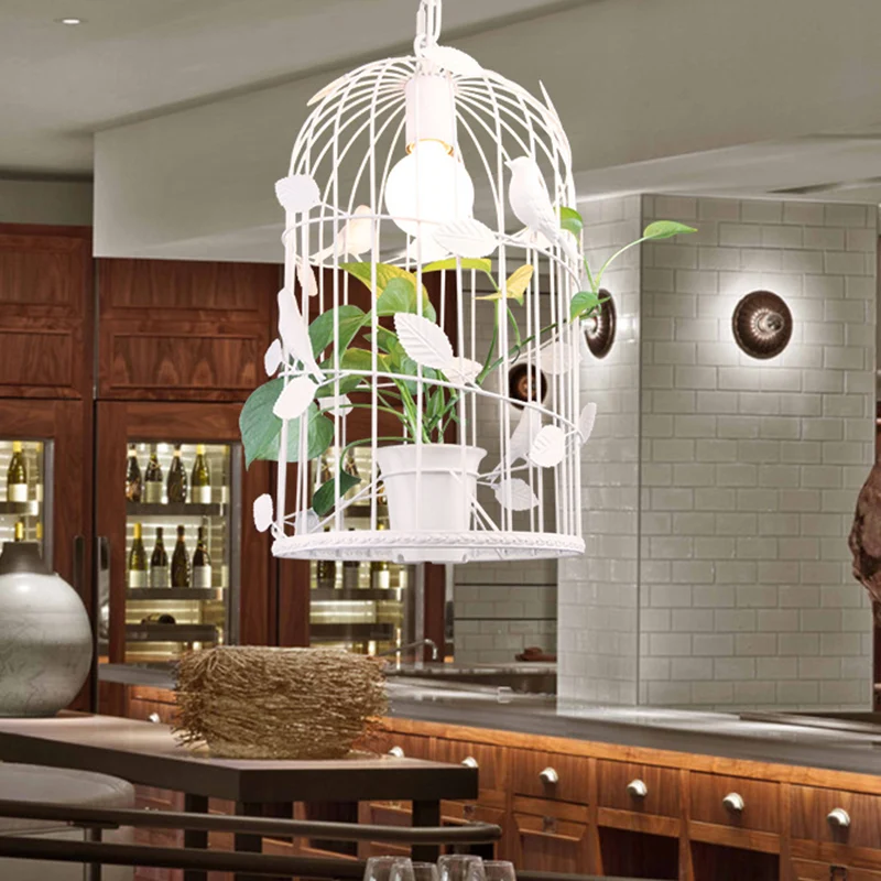 Eisenweiße Hängeleuchte Birdcage, 1 Glühbirne, Warehouse-Deckenanhänger mit innerer Pflanzendeko Clearhalo