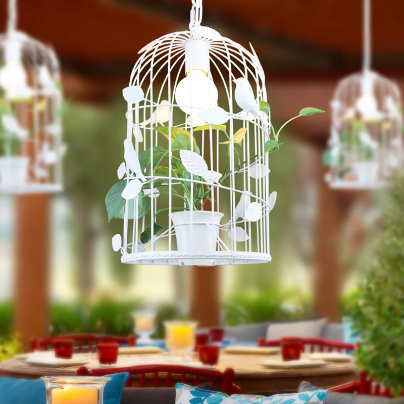 Eisenweiße Hängeleuchte Birdcage, 1 Glühbirne, Warehouse-Deckenanhänger mit innerer Pflanzendeko Clearhalo