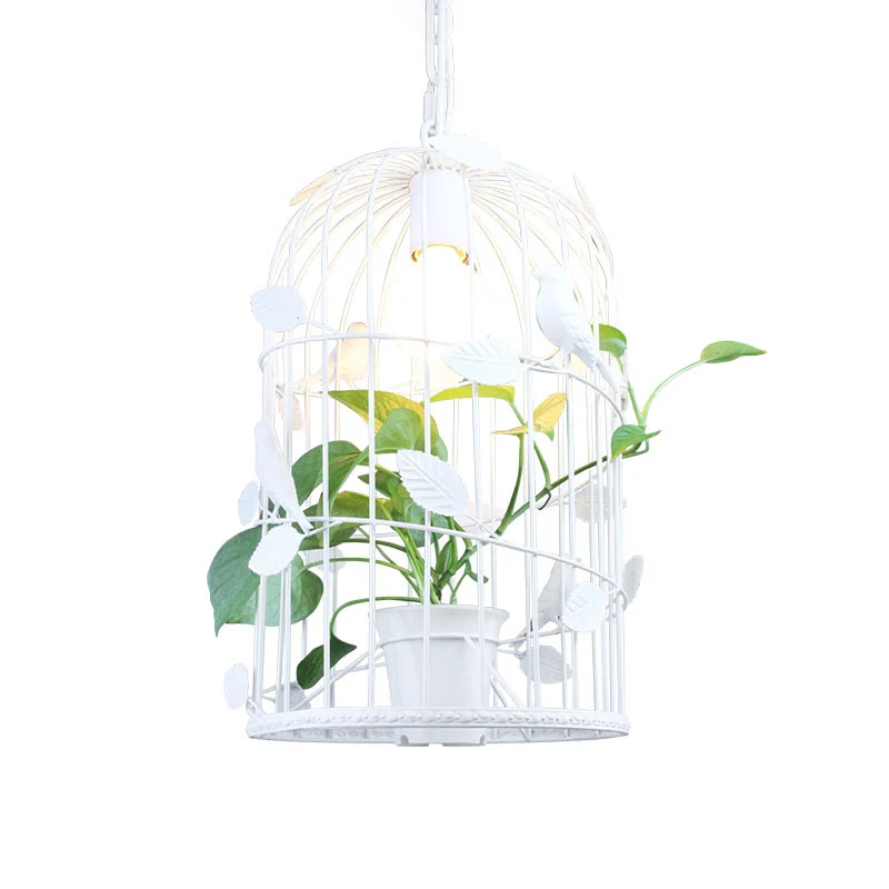 Eisenweiße Hängeleuchte Birdcage, 1 Glühbirne, Warehouse-Deckenanhänger mit innerer Pflanzendeko Clearhalo