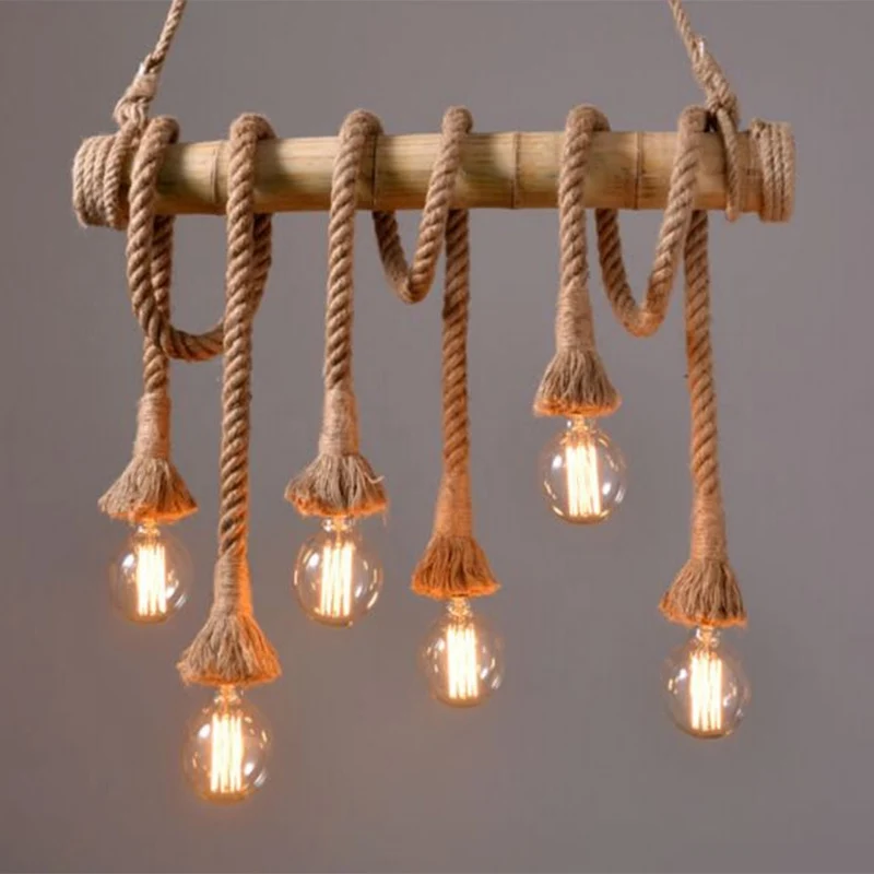 Flachs-Glühbirnen-Hängeleuchte, rustikale Restaurant-Insel-Deckenleuchte mit Bambusrohr Clearhalo