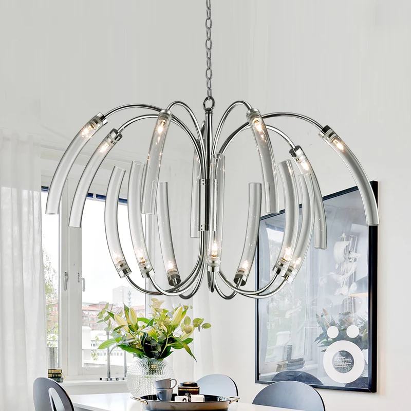 Gebogene Röhren-Kronleuchterlampe, moderner Stil, klares Glas, 16/24 Lichter, Chrom-Hängeleuchte Clearhalo