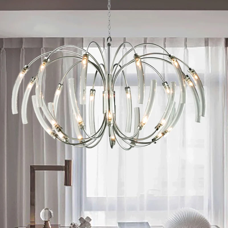 Gebogene Röhren-Kronleuchterlampe, moderner Stil, klares Glas, 16/24 Lichter, Chrom-Hängeleuchte Clearhalo