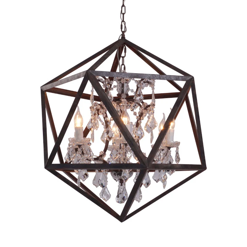 Geometrischer Kronleuchter mit 6 Glühbirnen, traditionelle hängende Deckenleuchte aus rostigem Metall mit klarem Kristallt...