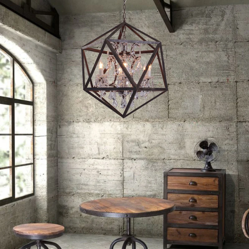 Geometrischer Kronleuchter mit 6 Glühbirnen, traditionelle hängende Deckenleuchte aus rostigem Metall mit klarem Kristallt...
