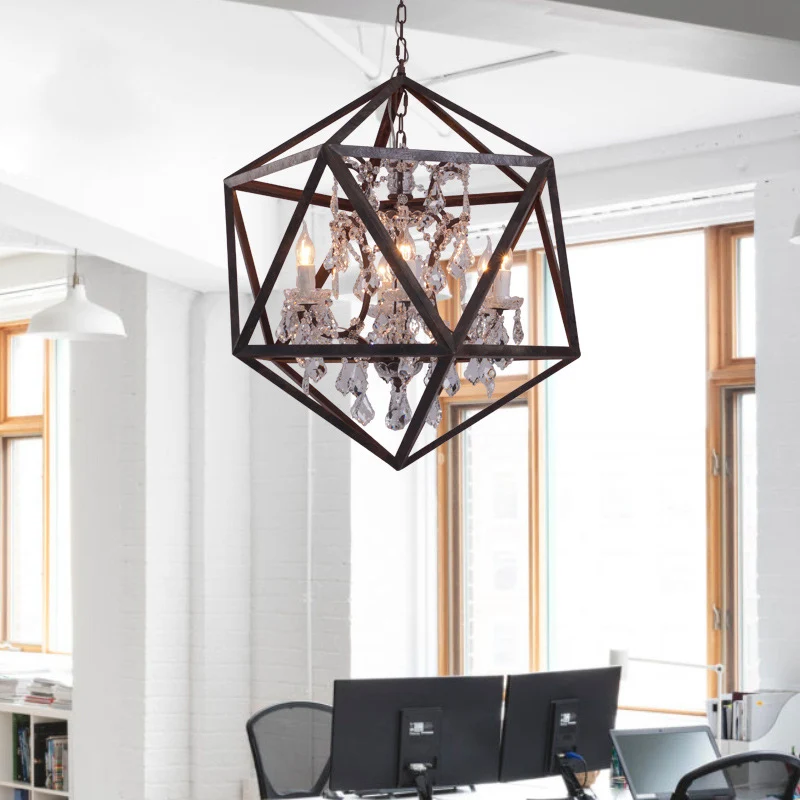 Geometrischer Kronleuchter mit 6 Glühbirnen, traditionelle hängende Deckenleuchte aus rostigem Metall mit klarem Kristallt...