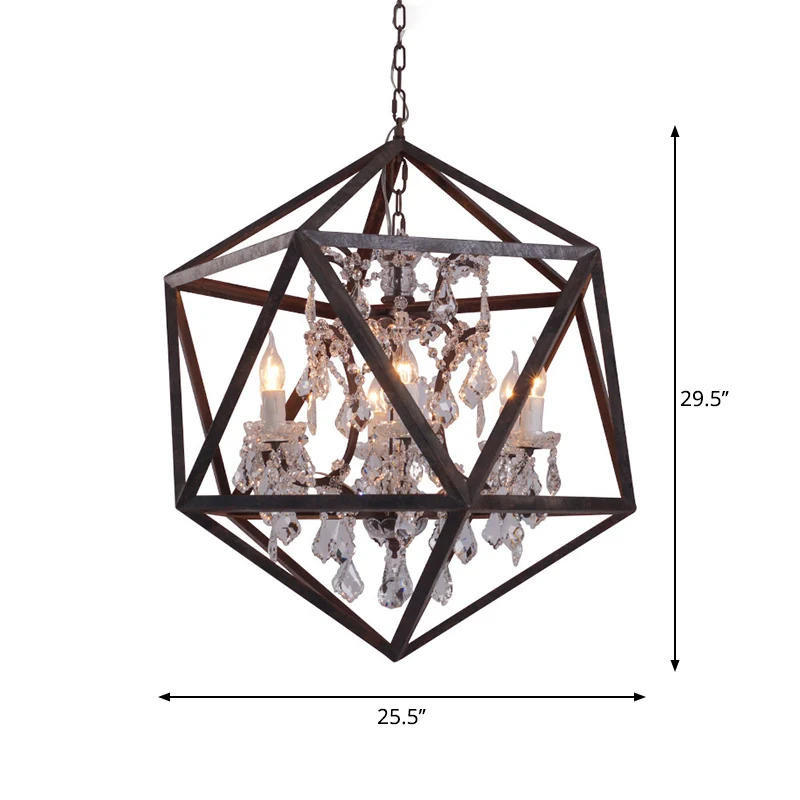 Geometrischer Kronleuchter mit 6 Glühbirnen, traditionelle hängende Deckenleuchte aus rostigem Metall mit klarem Kristallt...