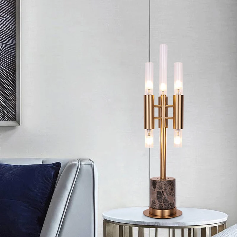 Geriffeltes Glas-Trident-LED-Tischlicht, Mid-Century-Hotel-Nachttischlampe mit Zylindersockel Gold Clearhalo