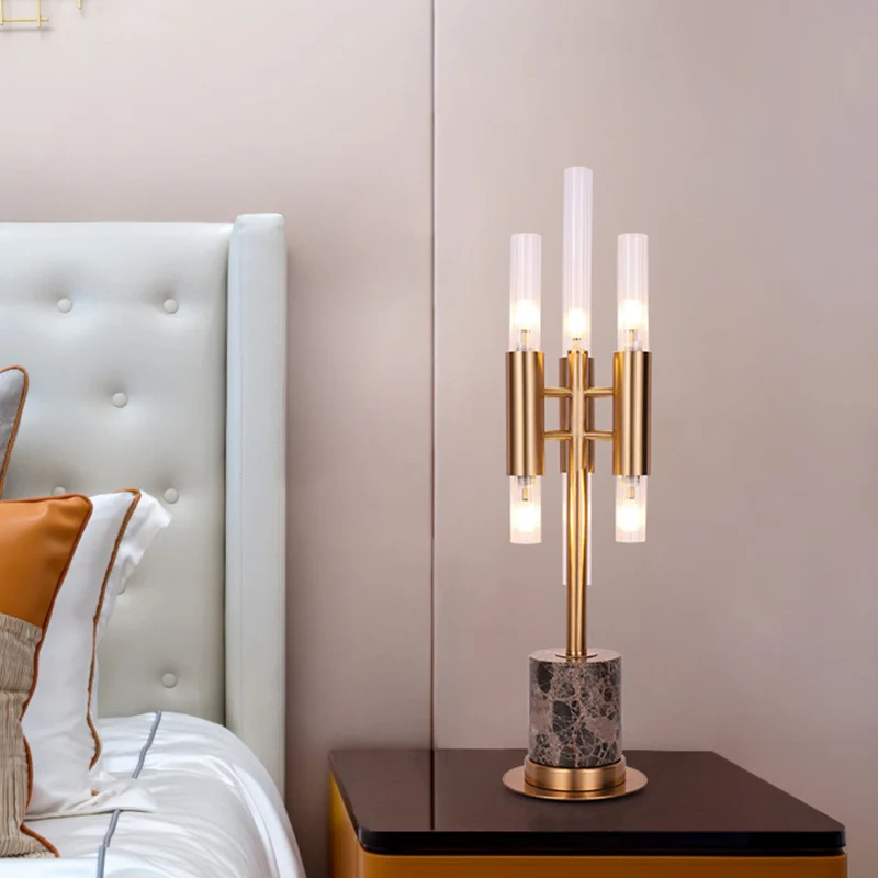 Geriffeltes Glas-Trident-LED-Tischlicht, Mid-Century-Hotel-Nachttischlampe mit Zylindersockel Gold Clearhalo