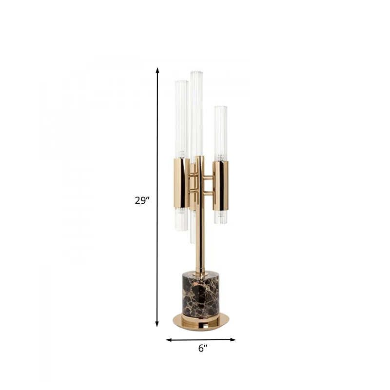 Geriffeltes Glas-Trident-LED-Tischlicht, Mid-Century-Hotel-Nachttischlampe mit Zylindersockel Gold Clearhalo