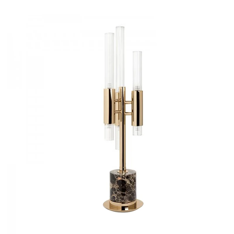 Geriffeltes Glas-Trident-LED-Tischlicht, Mid-Century-Hotel-Nachttischlampe mit Zylindersockel Gold Clearhalo