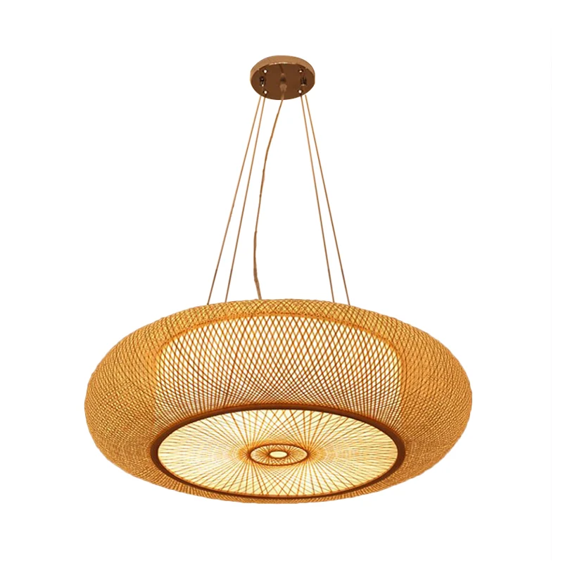 Geschwungene Trommel-Pendelleuchte Tradition Bambus 2/3 Glühbirnen 18"/23,5" breite Deckenleuchte aus Holz Clearhalo