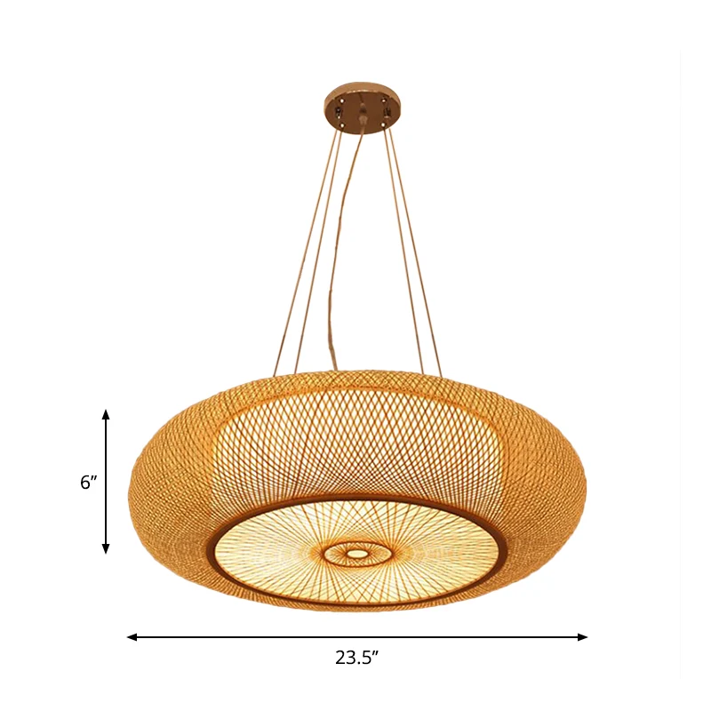 Geschwungene Trommel-Pendelleuchte Tradition Bambus 2/3 Glühbirnen 18"/23,5" breite Deckenleuchte aus Holz Clearhalo