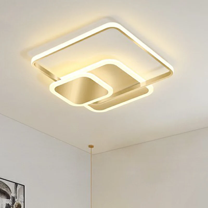Gestapelte quadratische LED-Einbau-Deckenleuchte aus Metall mit minimalistischem Gold-Finish Clearhalo