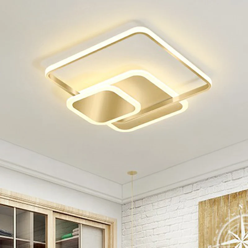 Gestapelte quadratische LED-Einbau-Deckenleuchte aus Metall mit minimalistischem Gold-Finish Clearhalo