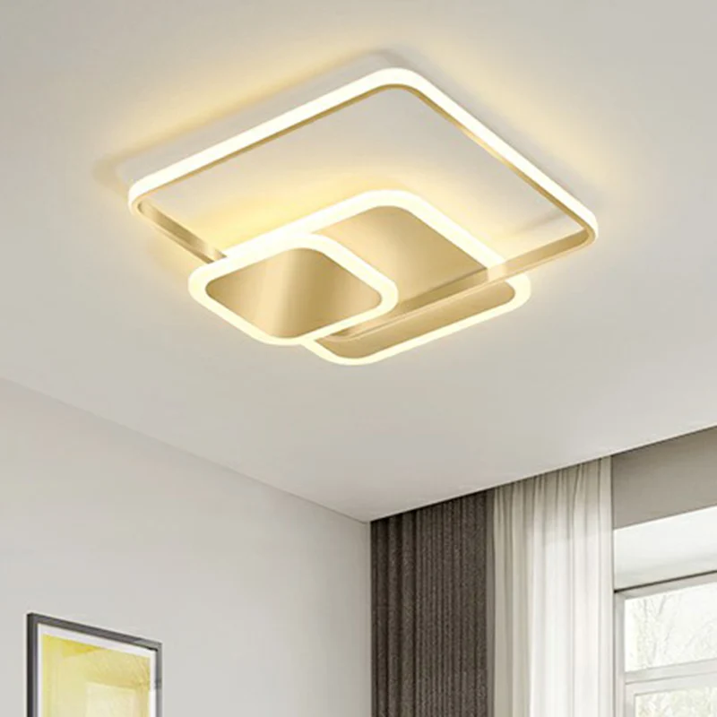Gestapelte quadratische LED-Einbau-Deckenleuchte aus Metall mit minimalistischem Gold-Finish Clearhalo