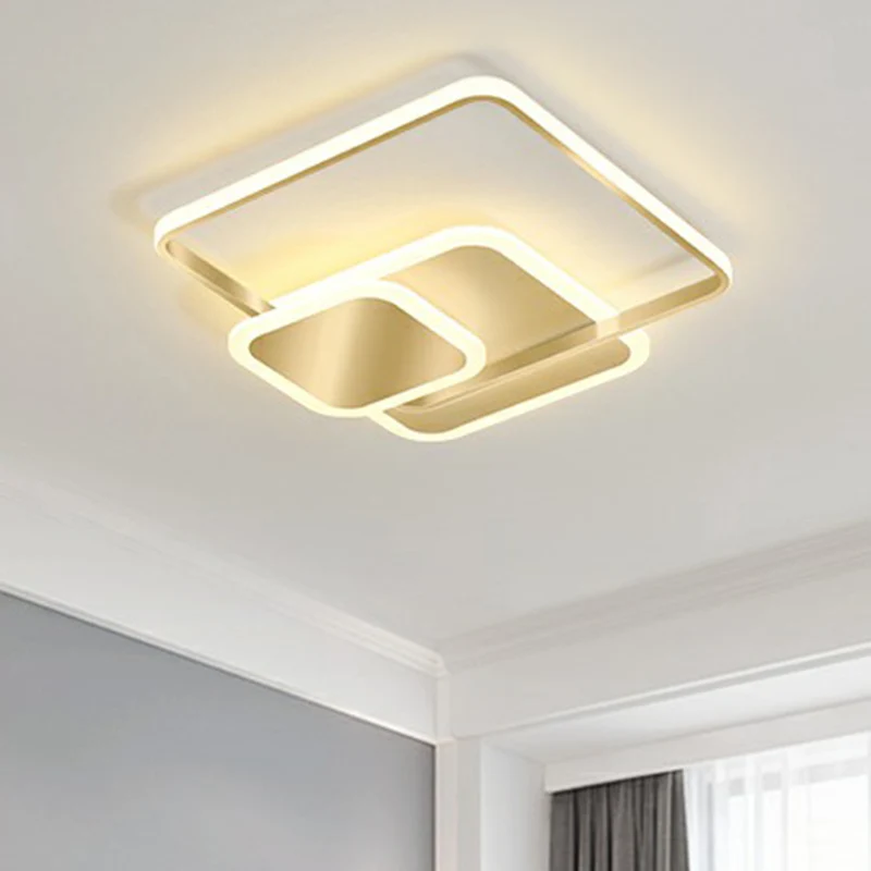 Gestapelte quadratische LED-Einbau-Deckenleuchte aus Metall mit minimalistischem Gold-Finish Clearhalo