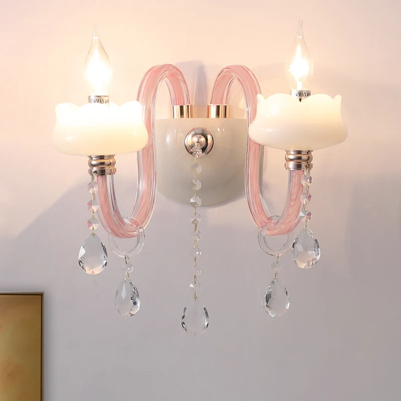 2 Glühbirnen, Kristallprisma, Wandleuchte, traditionelle rosa Kandelaber, Wohnzimmer-Wandbeleuchtung Clearhalo