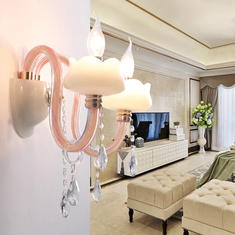 2 Glühbirnen, Kristallprisma, Wandleuchte, traditionelle rosa Kandelaber, Wohnzimmer-Wandbeleuchtung Clearhalo